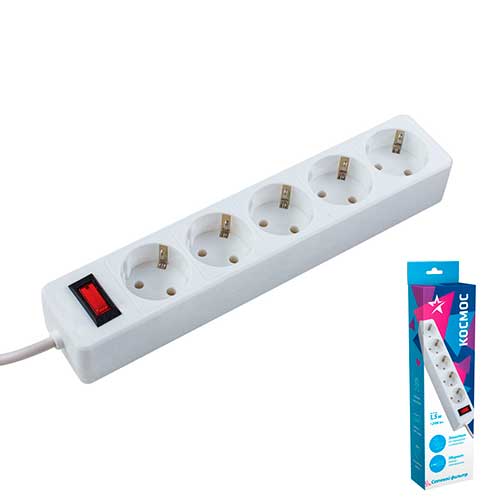 Сетевой фильтр КОСМОС 1,8м 5 гнезд, пвс 3х0,75мм2, белый