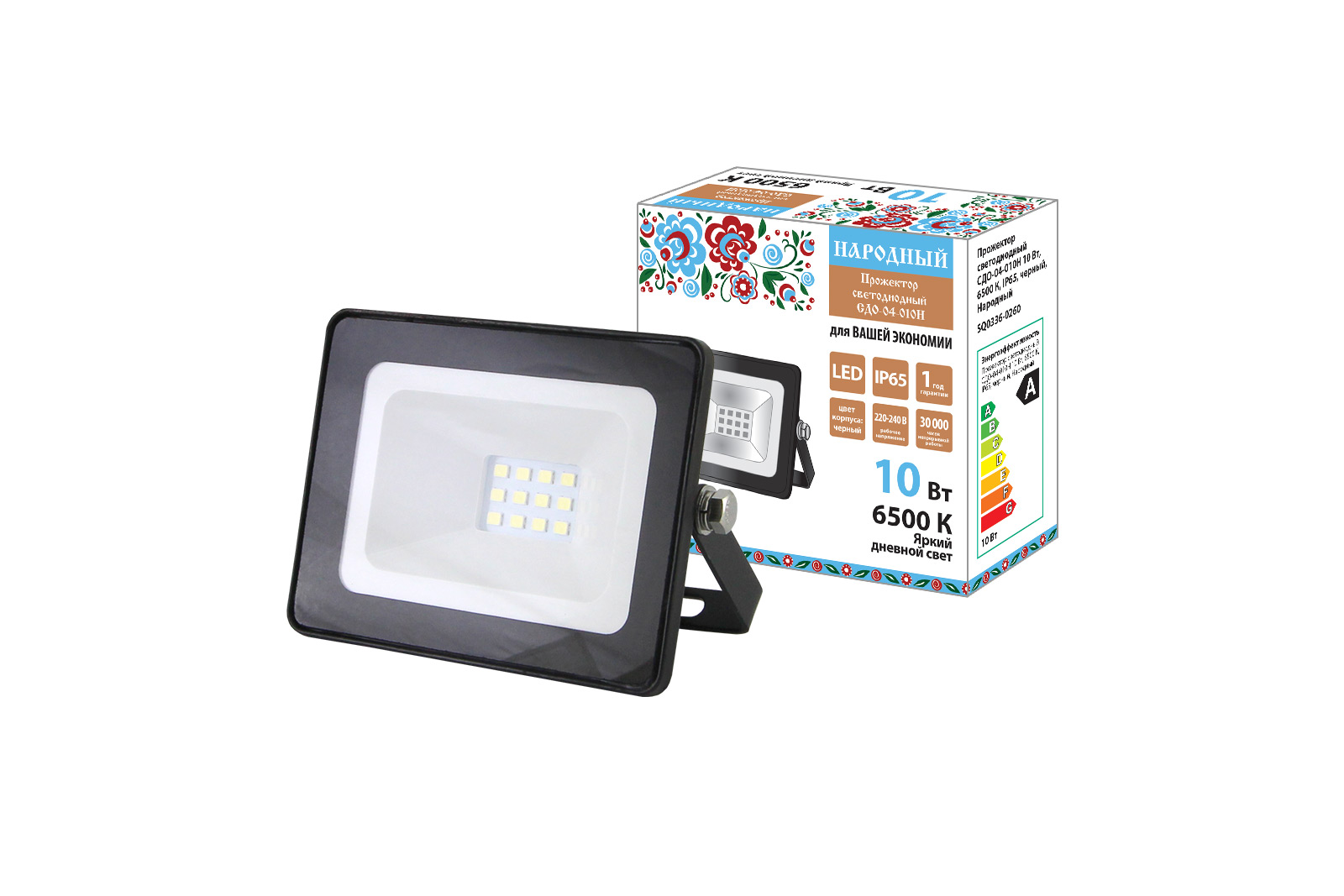 Прожектор светодиодный СДО-04-010Н 10 Вт, 6500 К, IP65, черный, Народный