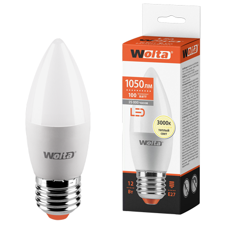 Светодиодная лампа WOLTA 25YC12E27 "Свеча" C37 12Вт 1050лм 3000К Е27 1/50