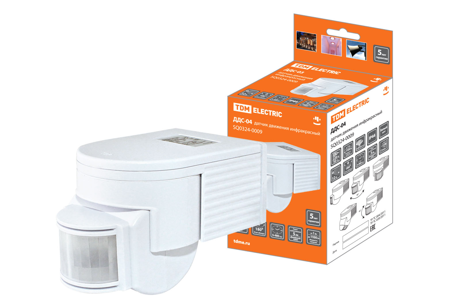 Датчик движения стена ДДС-04 1100Вт, 5-480с, 12м, 5+Лк, 180гр, IP44, TDM