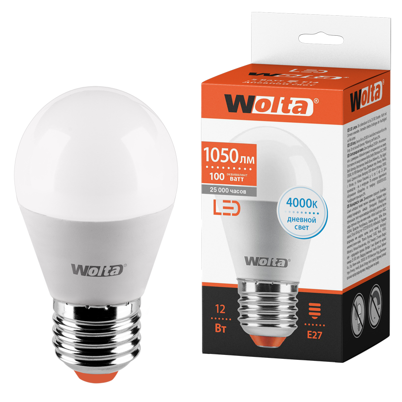 Светодиодная лампа WOLTA 25S45GL12E27 "Шар" G45 12Вт 1050лм 4000К Е27 1/50