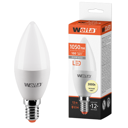 Светодиодная лампа WOLTA 25YC12E14 "Свеча" C37 12Вт 1050лм 3000К Е14 1/50