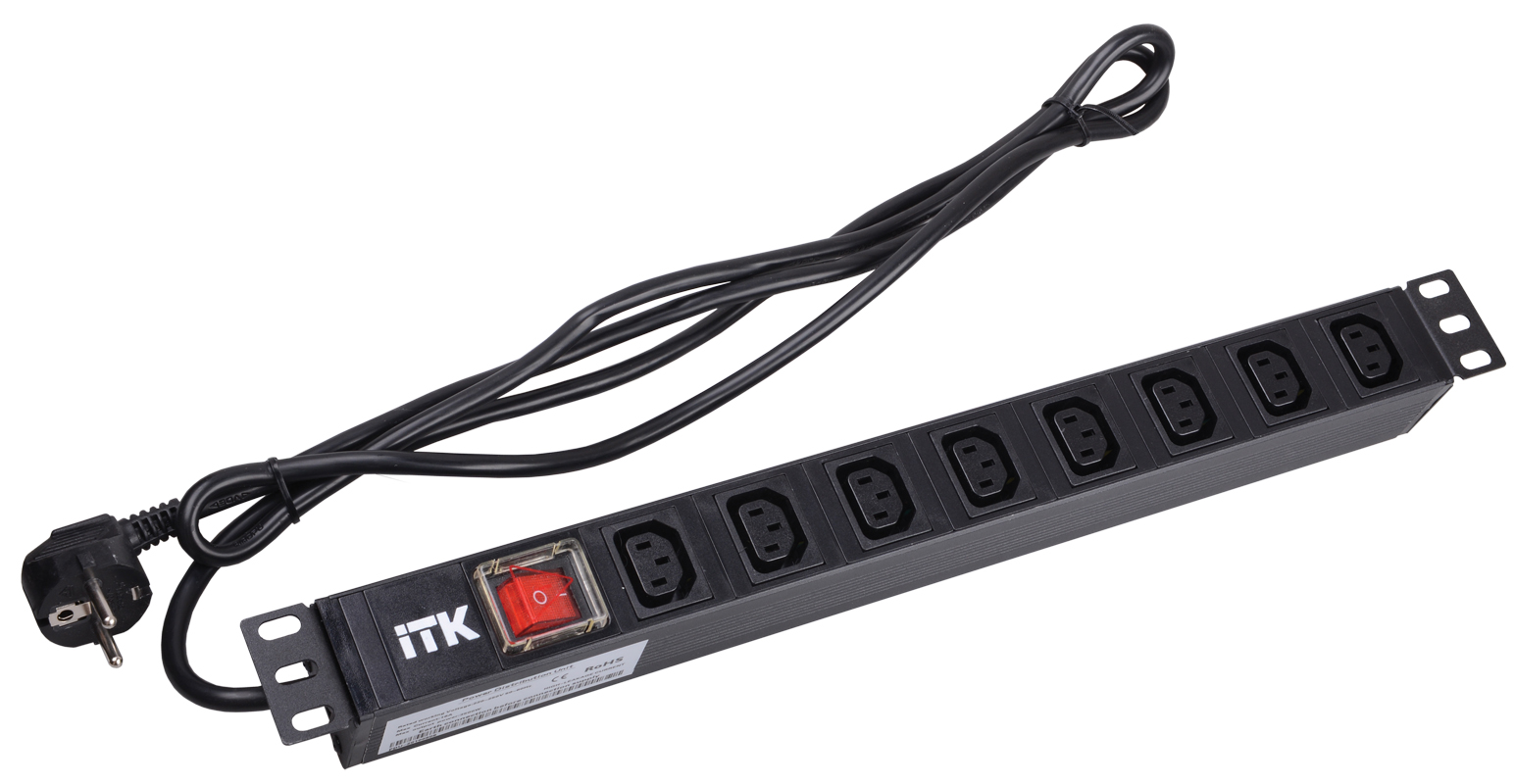 ITK PDU 8 розеток C13 с LED выкл,1U, шнур 2м вилка нем.ст