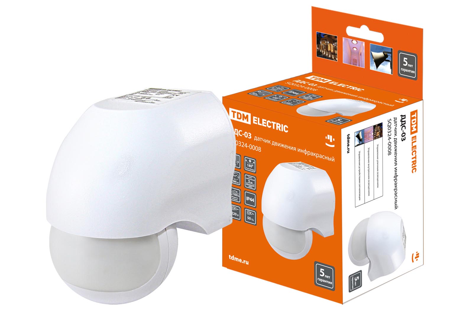 Датчик движения стена ДДС-03 1100Вт, 5-720с, 10м, 5+Лк, 180гр, IP44, TDM