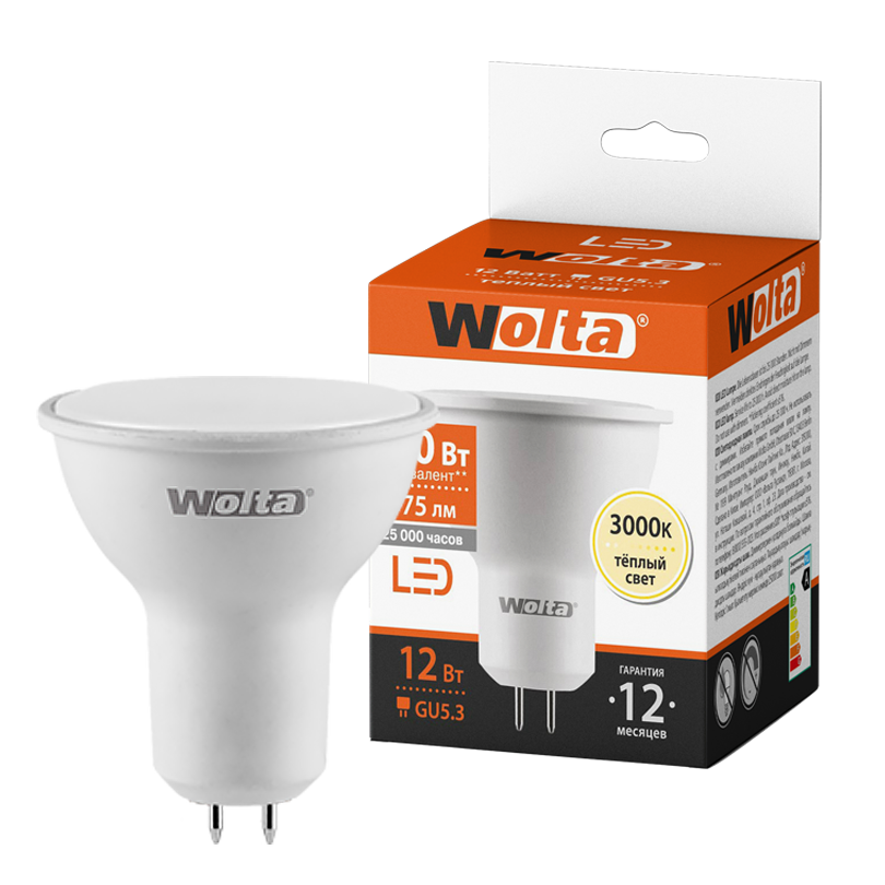Светодиодная лампа WOLTA 25YPAR16-230-12GU5.3 PAR16 12Вт 975лм 3000К GU5.3 1/50