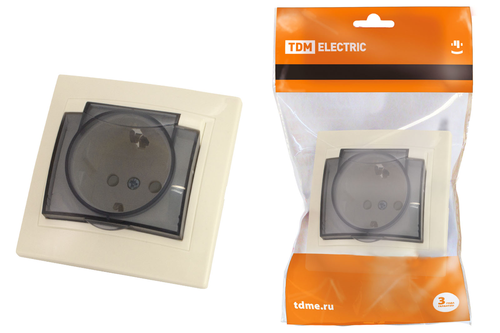 Розетка 2П+З с защ. шт. и крышкой 16А 250В IP44 сл. кость "Таймыр" TDM