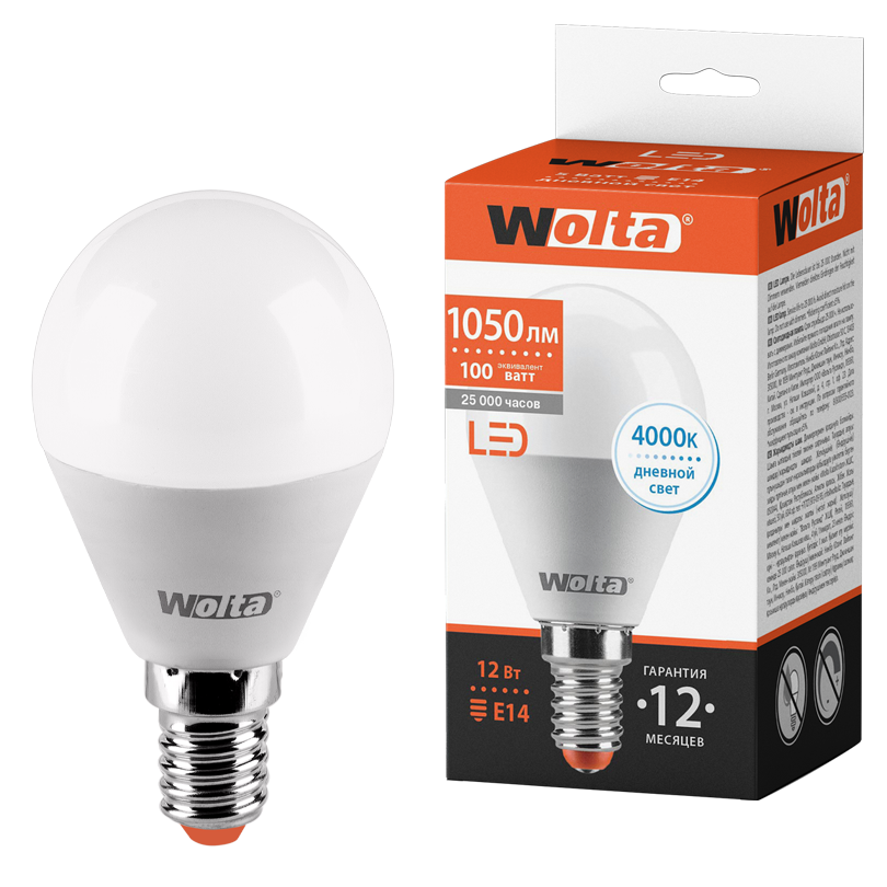 Светодиодная лампа WOLTA 25S45GL12E14 "Шар" G45 12Вт 1050лм 4000К Е14 1/50