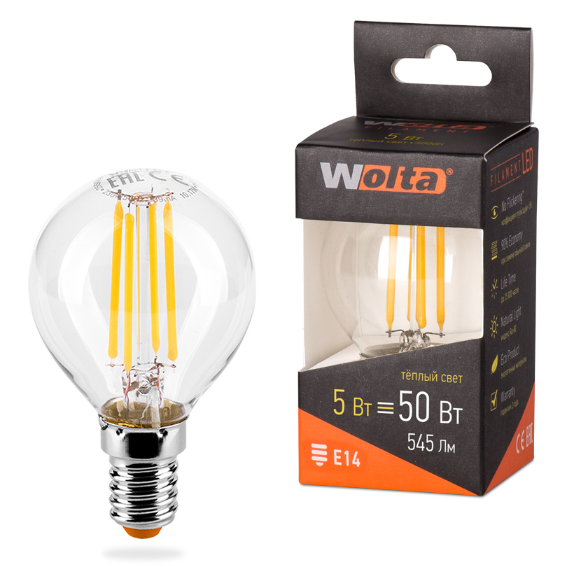 Светодиодная лампа WOLTA FILAMENT 25Y45GLFT5E14 5Вт 3000K Е14