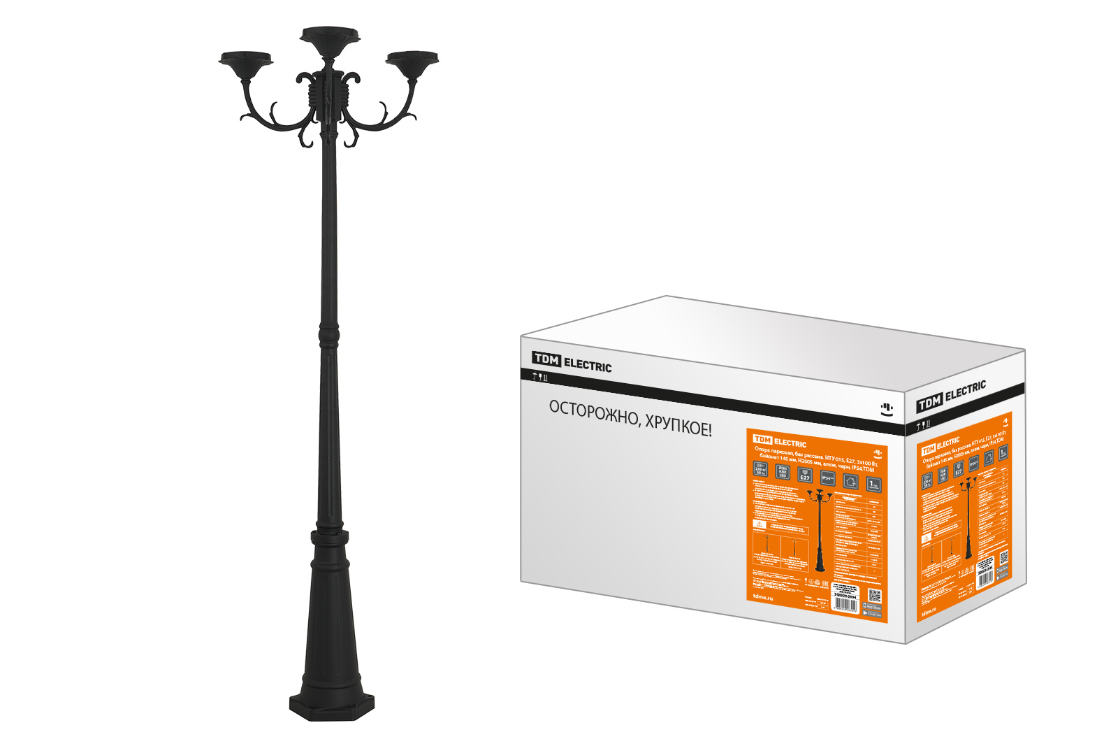 Опора парковая, без рассеив. НТУ 015, E27, 3х100 Вт, байонет 145 мм, H2005 мм, алюм, черн, IP54,TDM