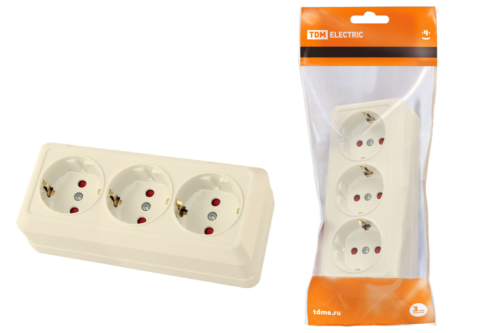 Розетка 3-х местная горизонтальная 2П+3 открытой установки IP20 16A с з/ш сл. кость "Ладога" TDM