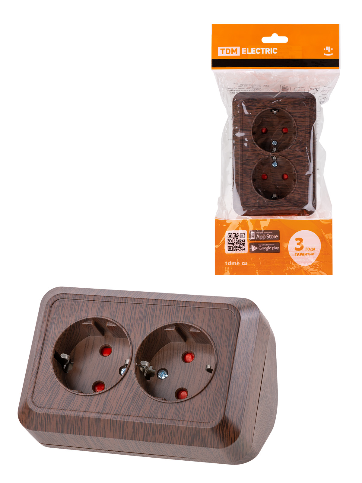 Розетка угловая двойная 2П+3 открытой установки с з/ш IP20 250В 16А бук "Ладога" TDM