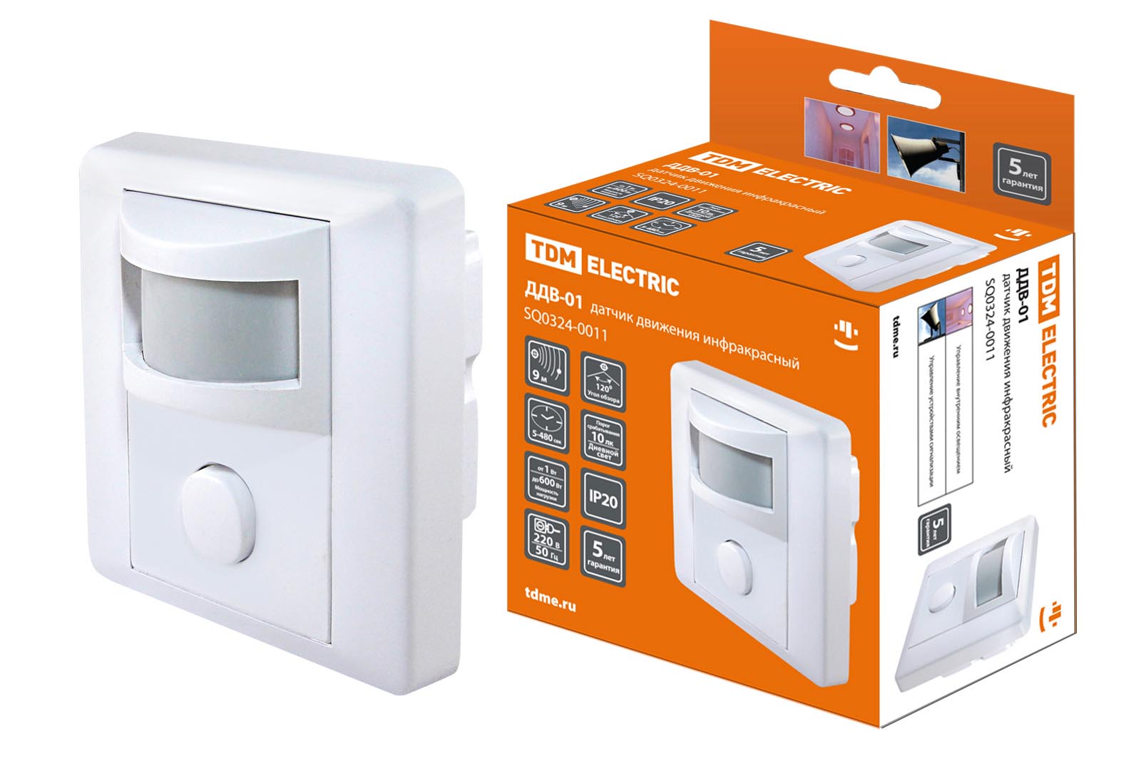 Датчик движения встраив. ДДВ-01 600Вт, 5-480с, 9м, 10+Лк, 120гр, IP20, TDM