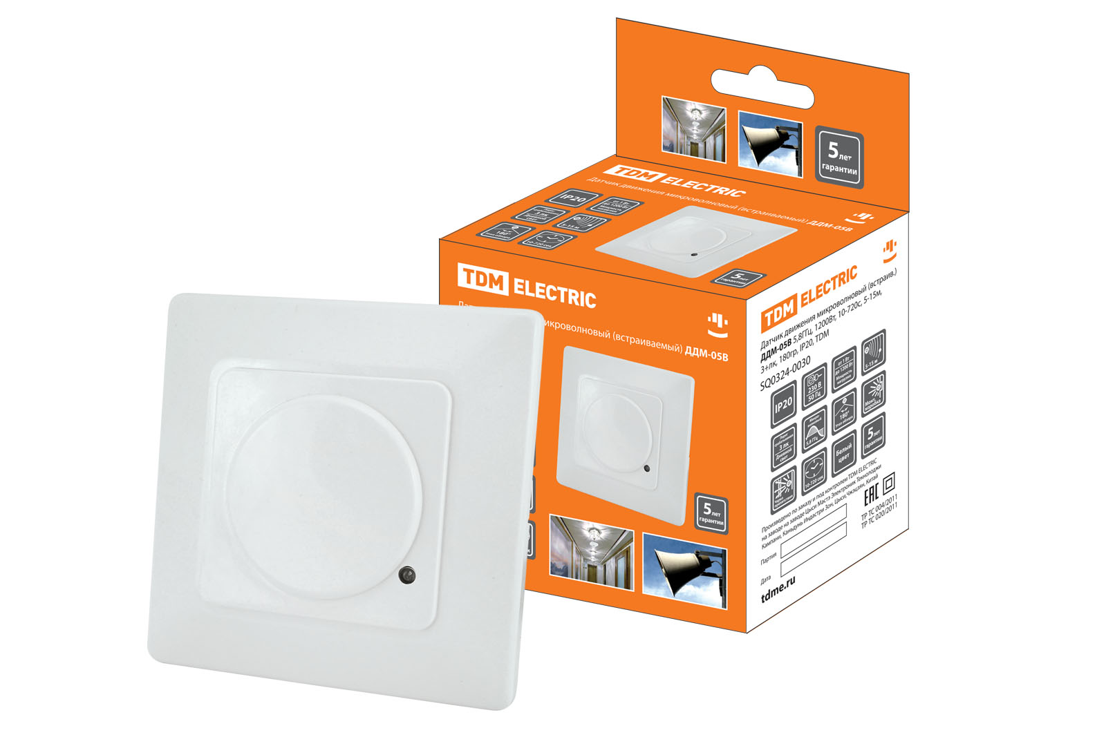 Датчик движения микров. ДДМ-05В 5,8ГГц, 1200Вт, 10-720с, 5-15м, 3+лк, 180гр, IP20, TDM