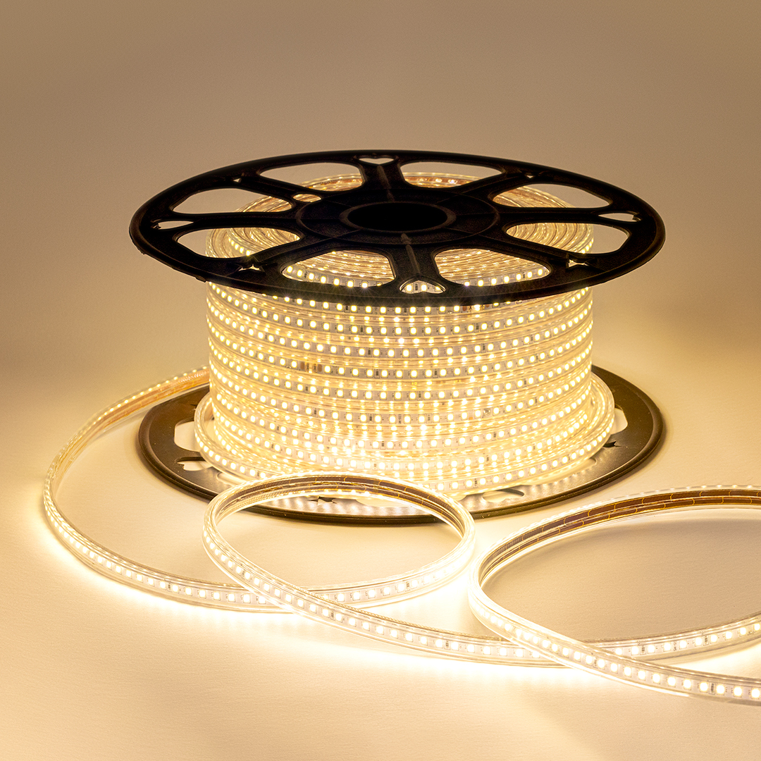 O17-07 Светодиодная лента 220В, 7Вт/м, smd2835, 120д/м, IP65, 600лм/м, размер 13х7мм, 50м, т/б, 3000К