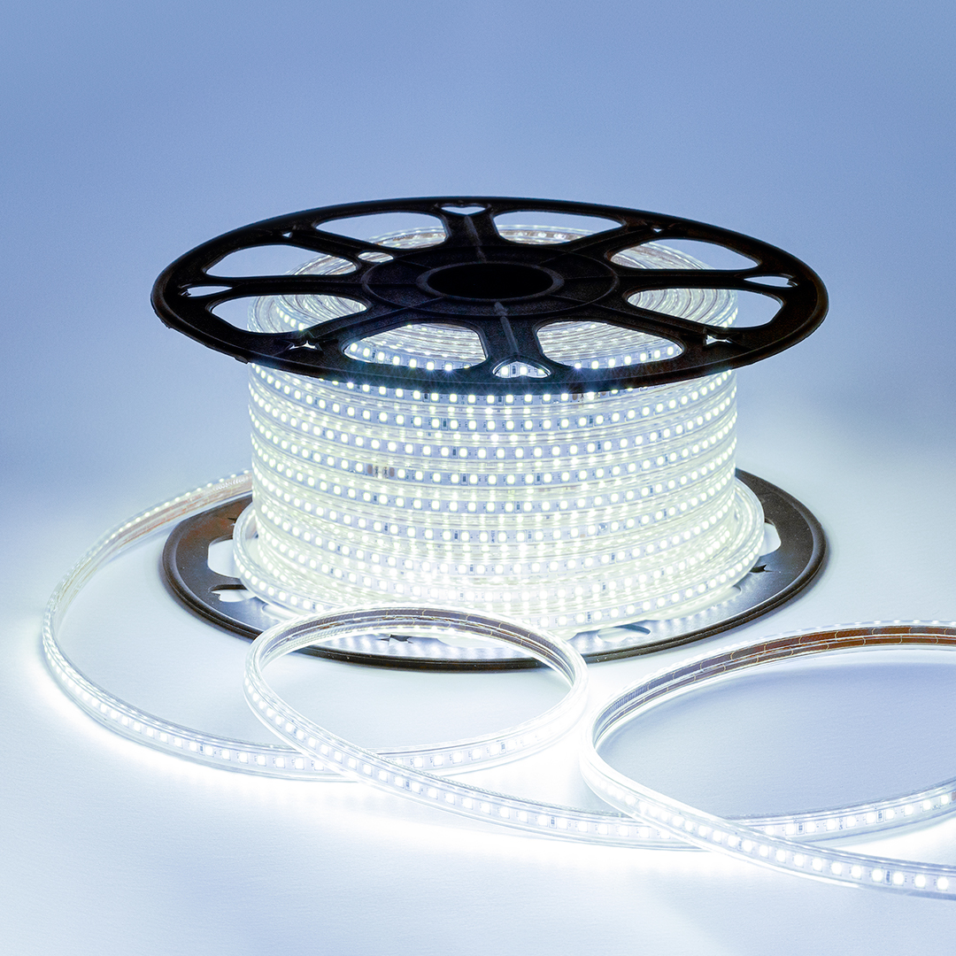 O17-09 Светодиодная лента 220В, 7Вт/м, smd2835, 120д/м, IP65, 600лм/м, размер 13х7мм, 50м, х/б, 6500К