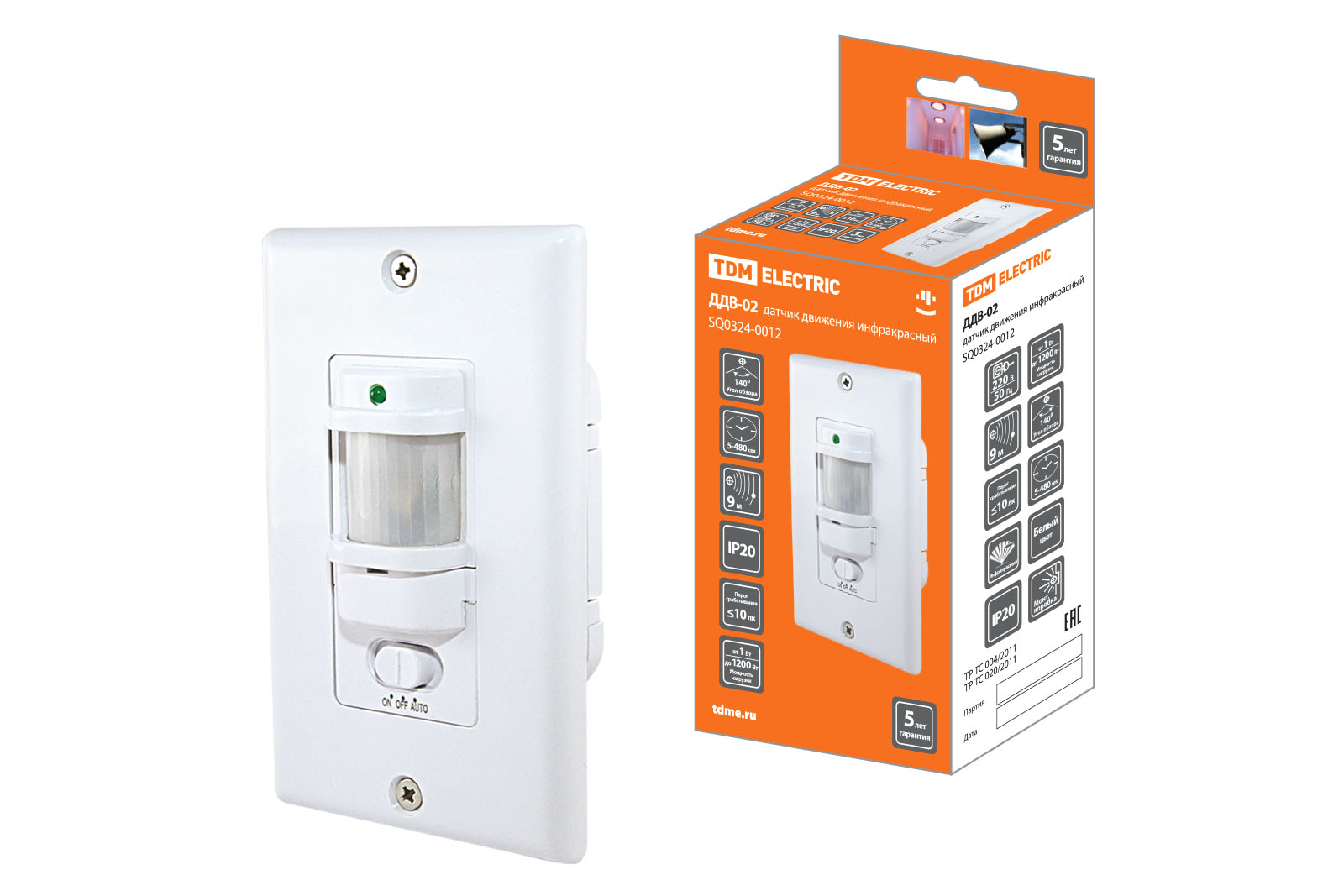 Датчик движения встраив. ДДВ-02 1200Вт, 10-1800с, 9м, 10Лк, 140гр, IP20, TDM