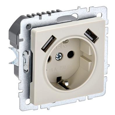 BRITE Роз. с з/к/ш 16А с USB A+A 2,1А РЮш10-1-БрКр беж. IEK