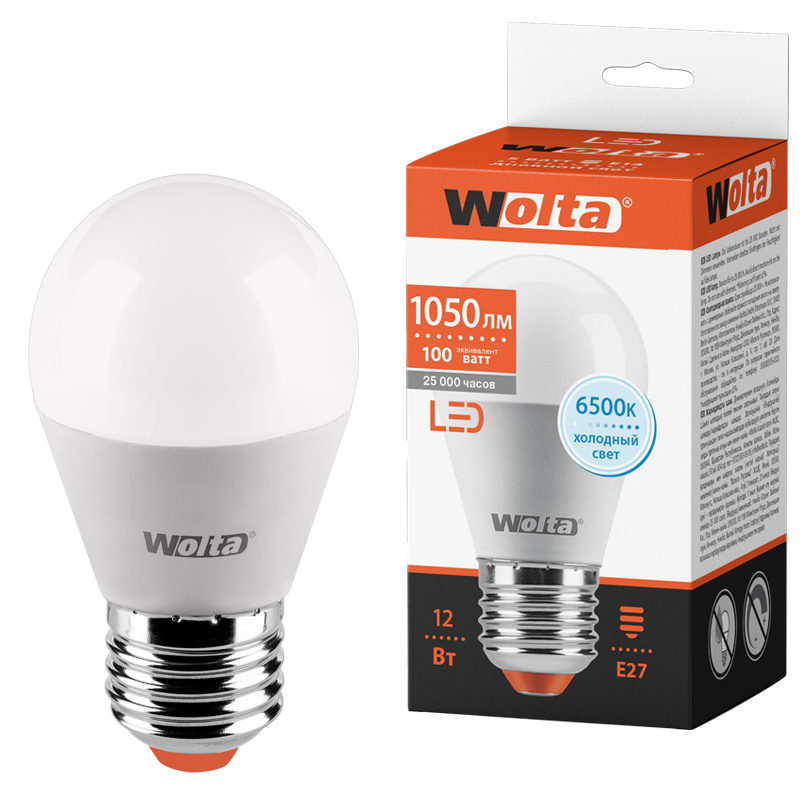 Светодиодная лампа WOLTA 25W45GL12E27 "Шар" G45 12Вт 1050лм 6500К Е27 1/50