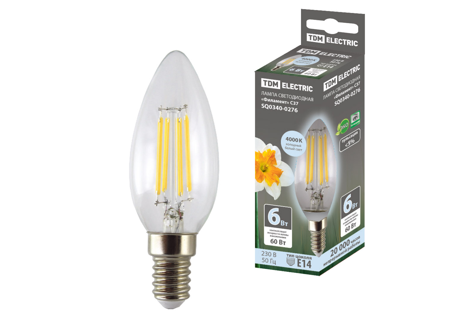 Лампа светодиодная "Филамент" С37-6 Вт-230 В-4000 К–E14 TDM