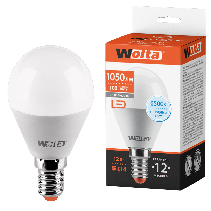 Светодиодная лампа WOLTA 25W45GL12E14 "Шар" G45 12Вт 1050лм 6500К Е14 1/50