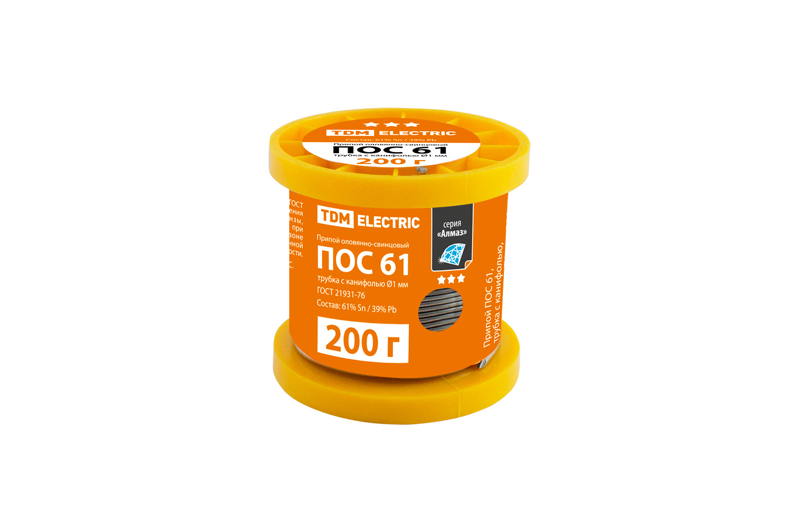 Припой ПОС 61, трубка с канифолью, ГОСТ 21931-76, Ø1 мм, 200 г, катушка, серия "Алмаз" TDM