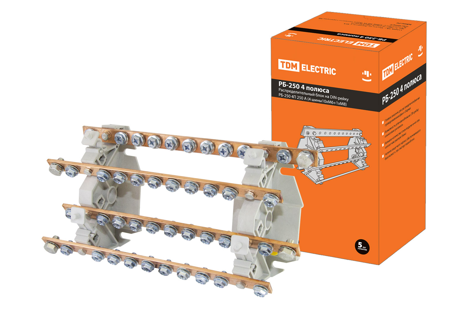Блок распределительный на DIN-рейку РБ-250 4П 250А (4 шины 10xM6+1хM8) TDM