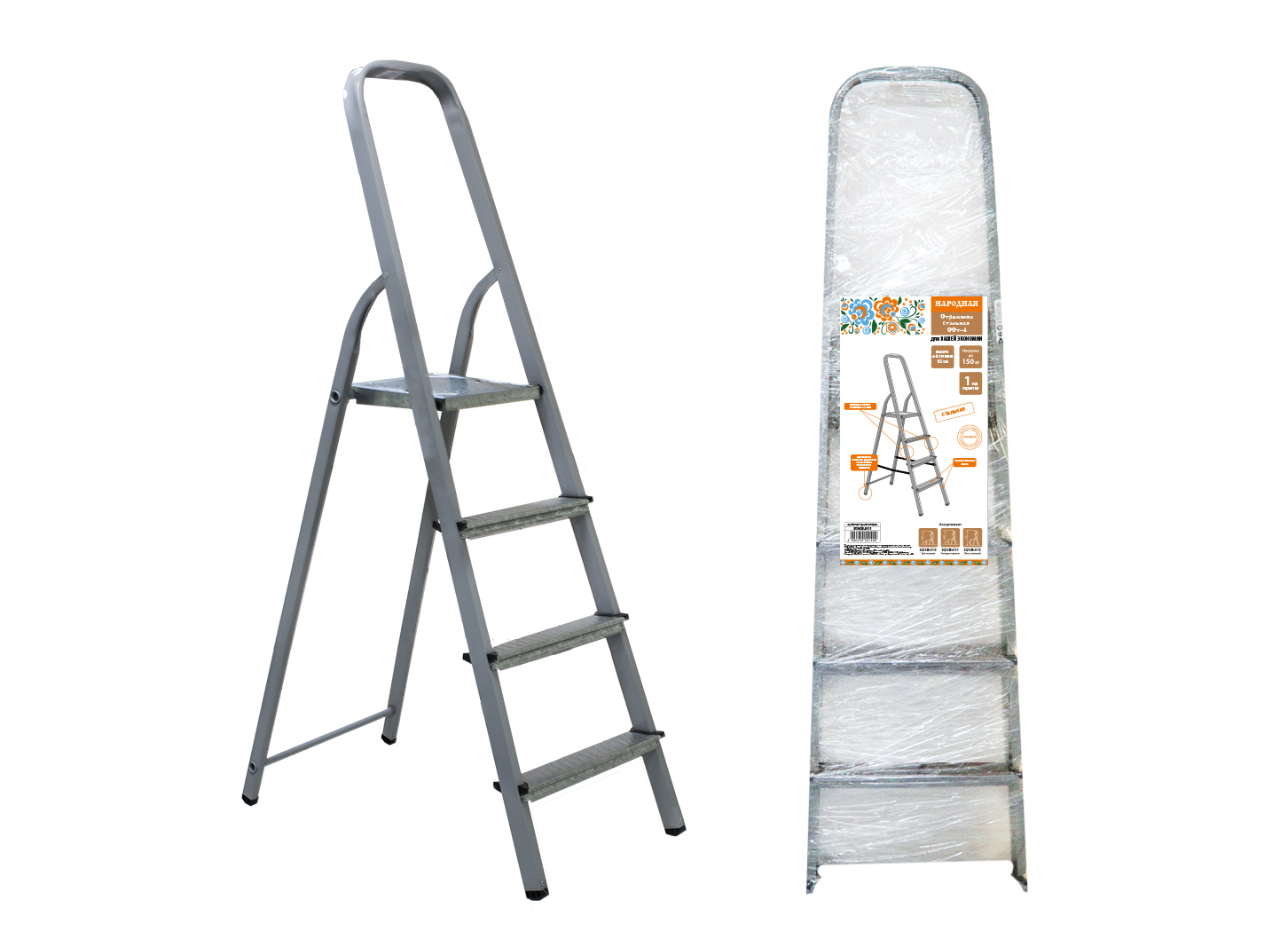 Стремянка стальная ССт-4, 4 ступени с цинковым покрытием, стальной профиль, h=820 мм, Народная