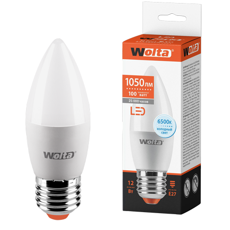 Светодиодная лампа WOLTA 25WC12E27 "Свеча" C37 12Вт 1050лм 6500К Е27 1/50