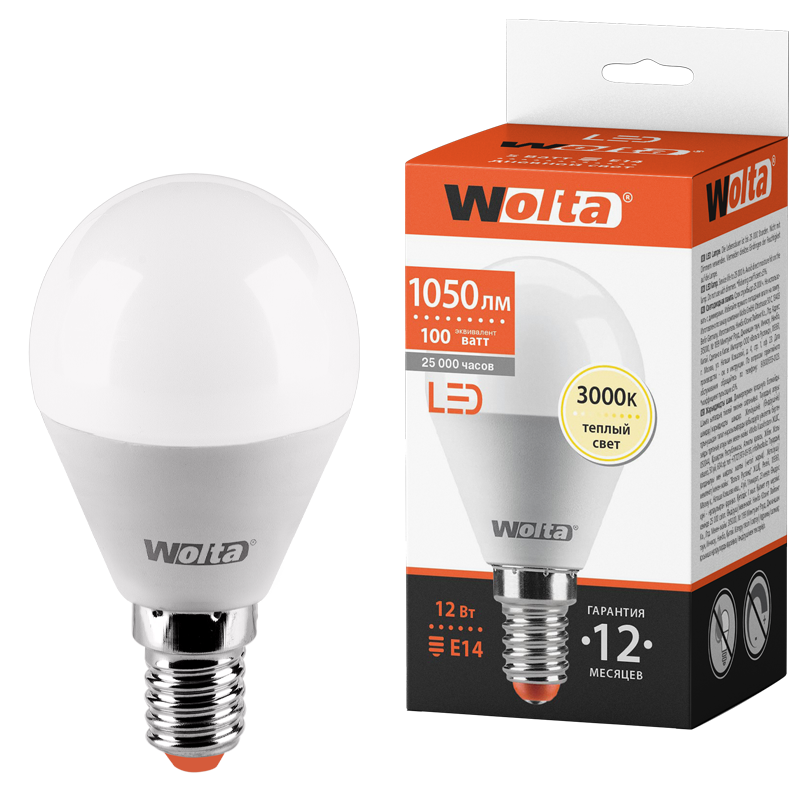 Светодиодная лампа WOLTA 25Y45GL12E14 "Шар" G45 12Вт 1050лм 3000К Е14 1/50