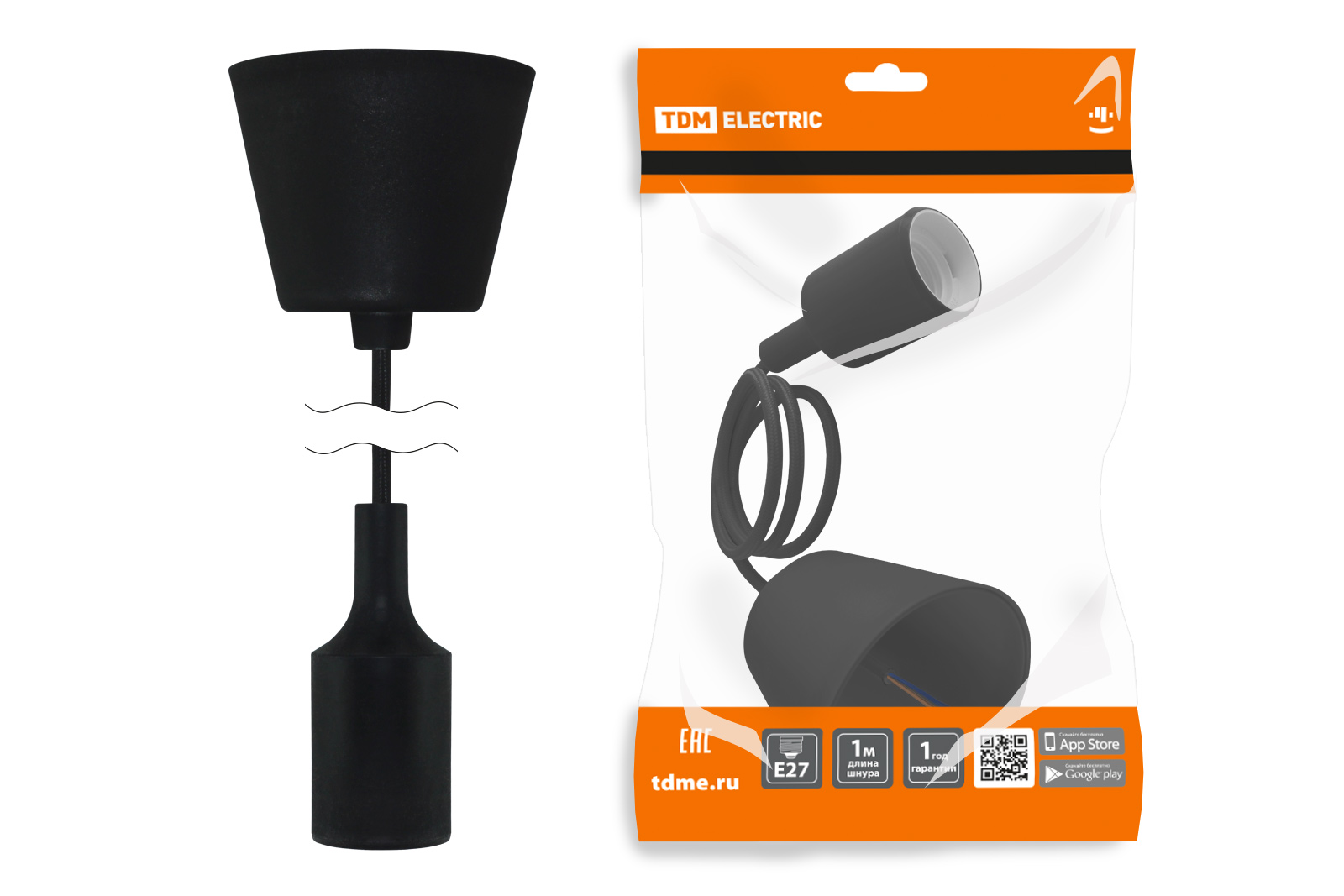 Патрон пластиковый Е27 с подвесом 1 м, черный TDM