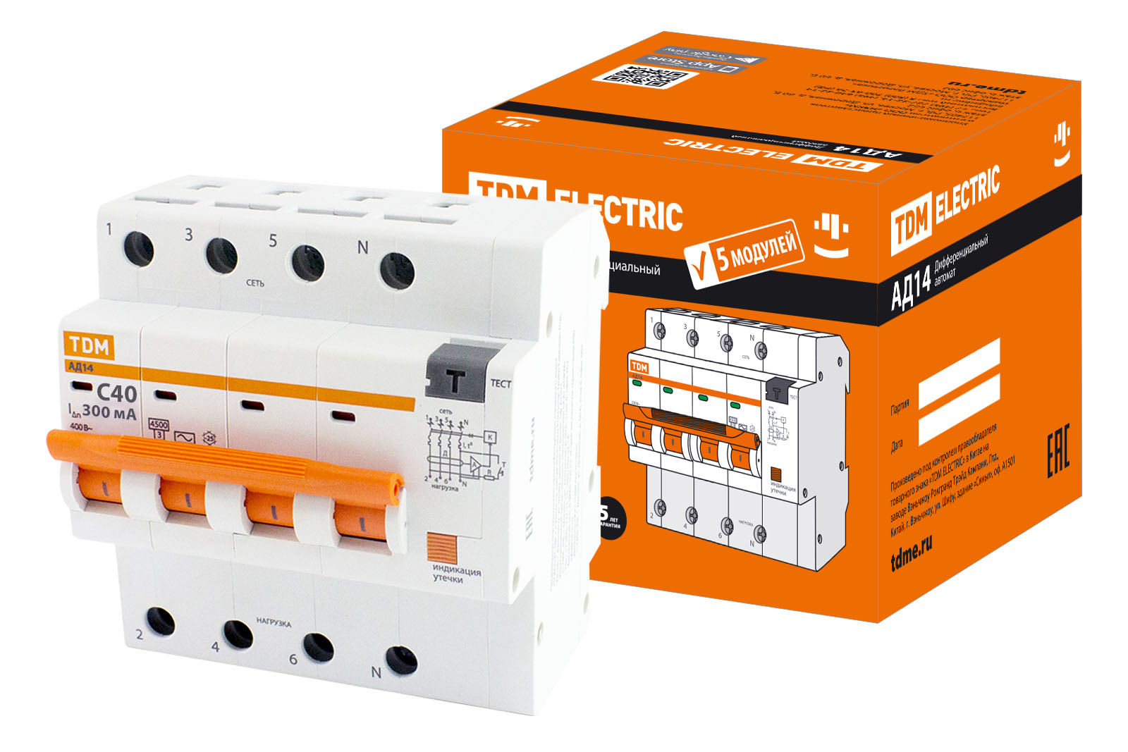 Диф.автомат АД14 4P, C40, 300мА, 4,5кА, тип АС, 5 мод, TDM