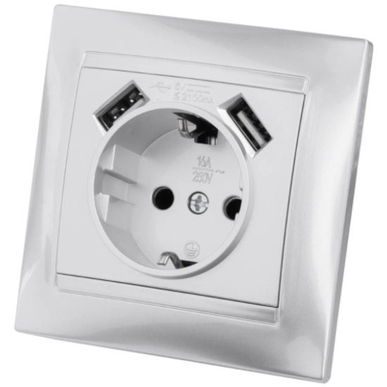 Розетка 2П+З 16А 250В + 2 USB порта 2,1А 5В металлик "Лама" TDM