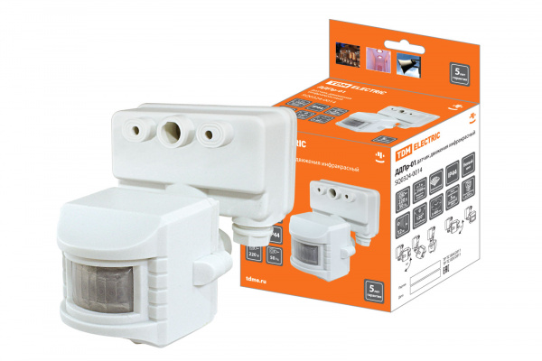 Датчик движения прож. ДДПр-01 (белый) 1100Вт, 5-480с, 12м, 5+Лк, 120гр, IP44, TDM
