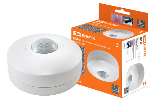 Датчик движения потол. ДДП-03 1200Вт, 10-900с, 6м , 3+Лк, 120(сбоку)+360(сверху)гр IP33, TDM