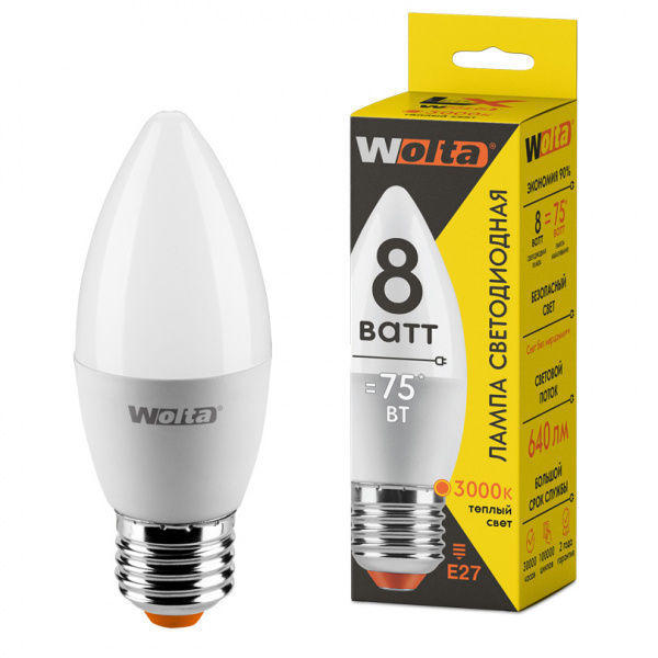 Светодиодная лампа WOLTA LX 30YC8E27 "Свеча" C37 8Вт 640лм 3000К Е27 1/50