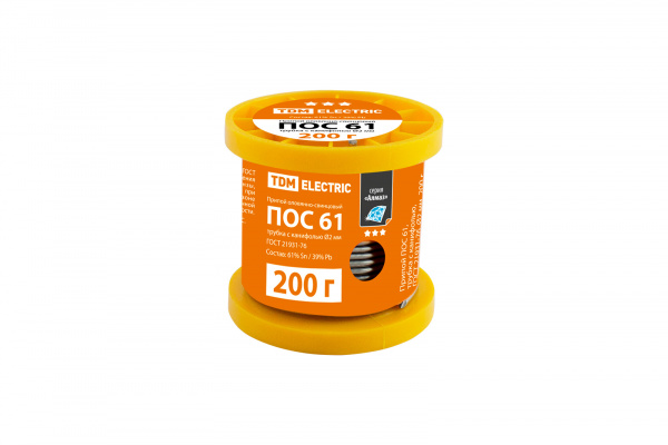 Припой ПОС 61, трубка с канифолью, ГОСТ 21931-76, Ø2 мм, 200 г, катушка, серия "Алмаз" TDM