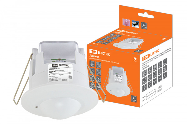 Датчик движения микров. ДДМ-04Т 5,8ГГц 65мм, 1200Вт, 10-720с, 1-8м, 3+лк, 180(сб)+360(св), IP20, TDM