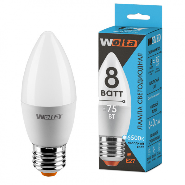 Светодиодная лампа WOLTA LX 30WC8E27 "Свеча" C37 8Вт 640лм 6500К Е27 1/50