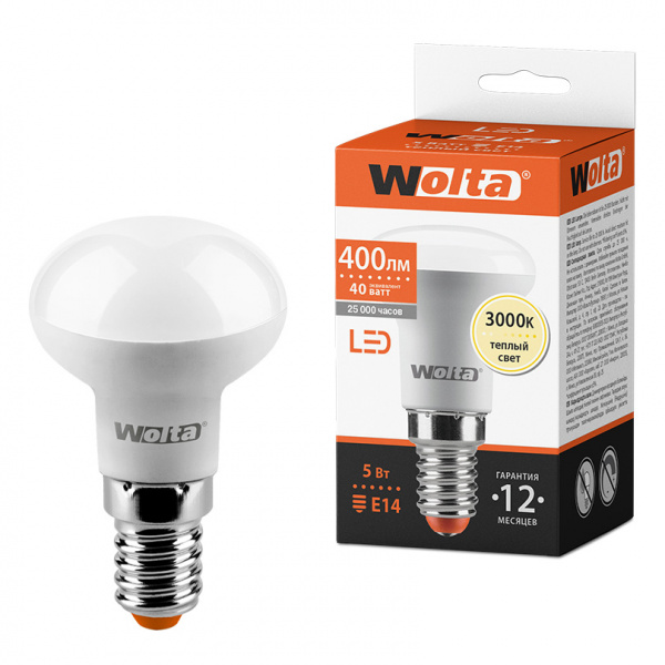 Светодиодная лампа  WOLTA 25Y39R5E14 "Рефлектор" R39 5Вт 400лм 3000К E14 1/50