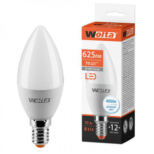 Лампа LED WOLTA C37 7.5Вт 625лм Е14 4000К