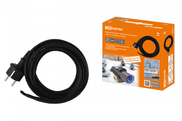 Кабель нагревательный саморегулирующийся "Стоплёд" НСК15-В с вилкой, в трубу (15м/150Вт) TDM