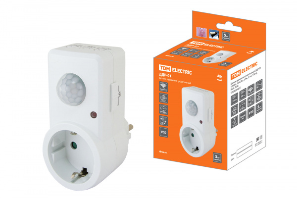 Датчик движения розеточный ДДР-01 1200Вт, 10-420с, 2-9м, 3+лк, 120гр,  IP20, TDM