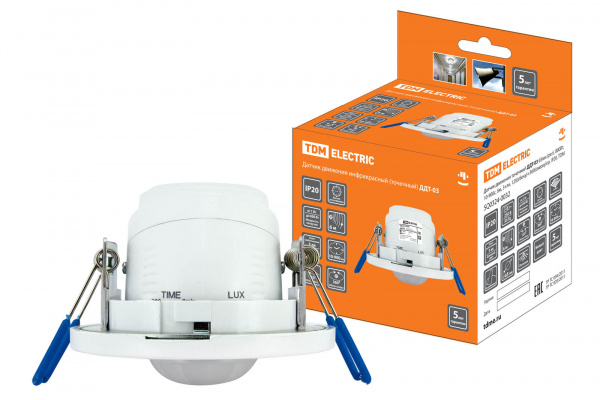 Датчик движения точечный ДДТ-03 65мм (рег), 800Вт, 10-900с, 6м, 3+лк, 120(сб.)+360(св.)гр, IP20, TDM