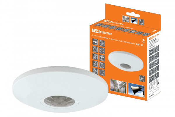 Датчик движения потол. ДДП-05 2000Вт, 10-900с, 6м , 3+Лк, 120(сбоку)+360(сверху)гр IP20, TDM