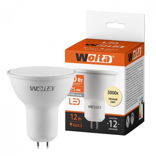 Светодиодная лампа WOLTA 25YPAR16-230-12GU5.3 PAR16 12Вт 975лм 3000К GU5.3 1/50