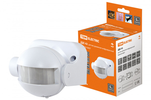 Датчик движения стена ДДС-02 1100Вт, 5-480с, 12м, 5+Лк, 180гр, IP44, TDM
