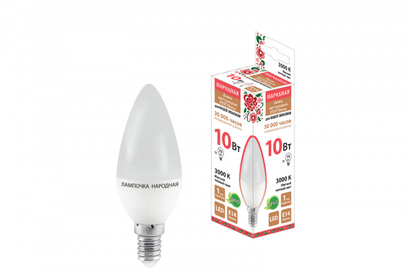 Лампа светодиодная FС37-10 Вт-230 В -3000 К–E14 Народная