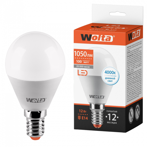 Светодиодная лампа WOLTA 25S45GL12E14 "Шар" G45 12Вт 1050лм 4000К Е14 1/50