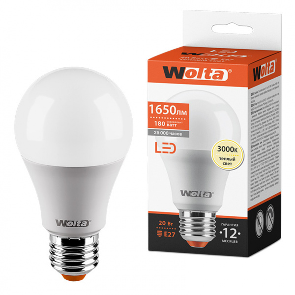 Светодиодная лампа WOLTA 25Y65BL20E27 "Груша" A65 20Вт 1650лм 3000К Е27 1/50
