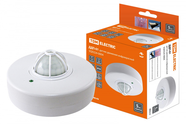 Датчик движения потол. ДДП-01 1100Вт, 5-480с, 2-8м, 5+Лк, 120(сбоку)+360(сверху) гр, IP33, TDM